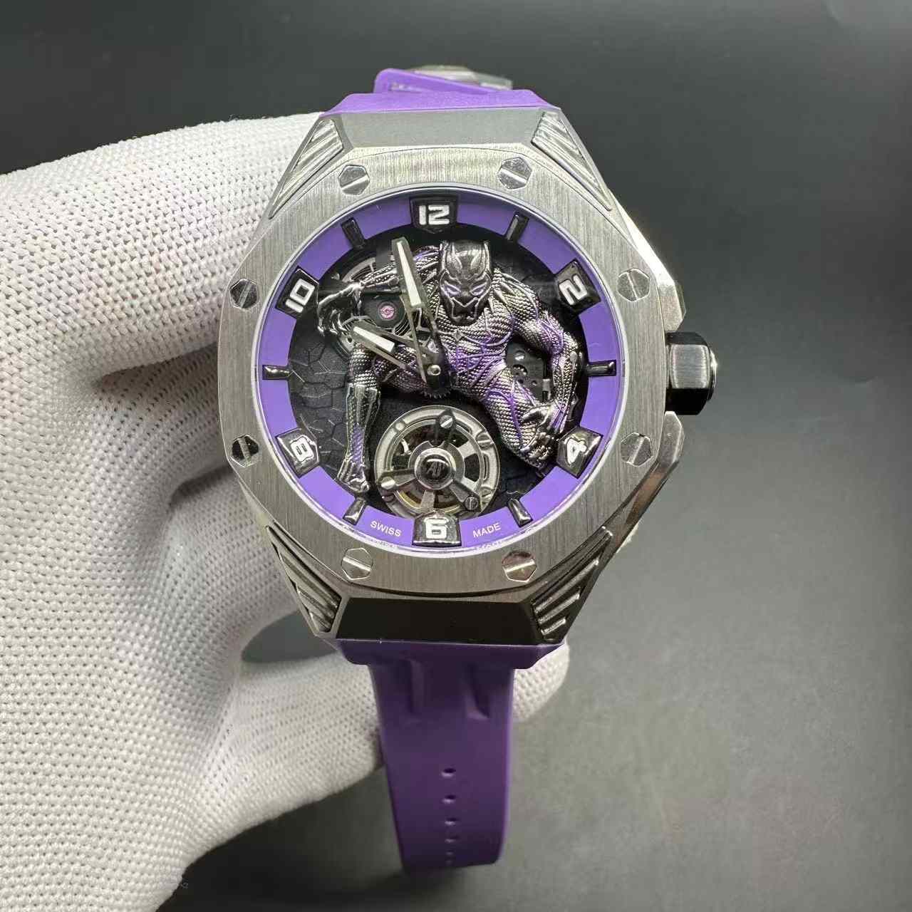 AP Royal Oak Concept 26620 Marvel Limited edition TW factory Fake Tourbillon 8215 automatic Steel case 42mm Panther dial purple rubber strap.  368usd