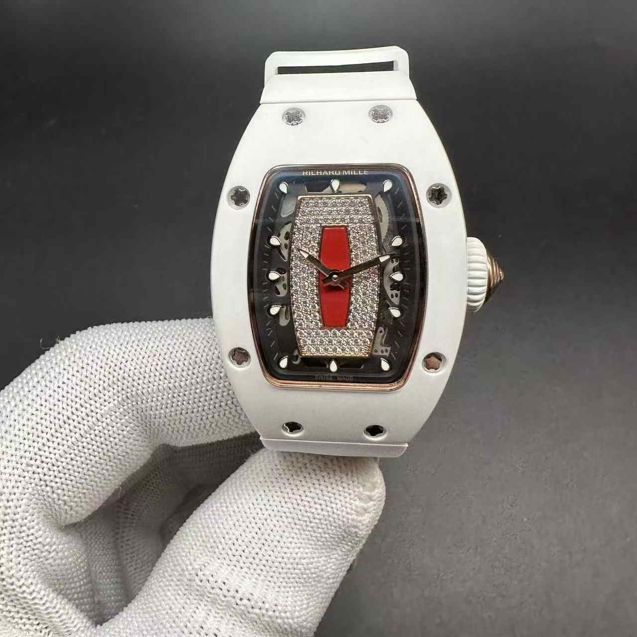 RM07-01 white ceramic women automatic high quality diamonds face white rubber strap. 300$