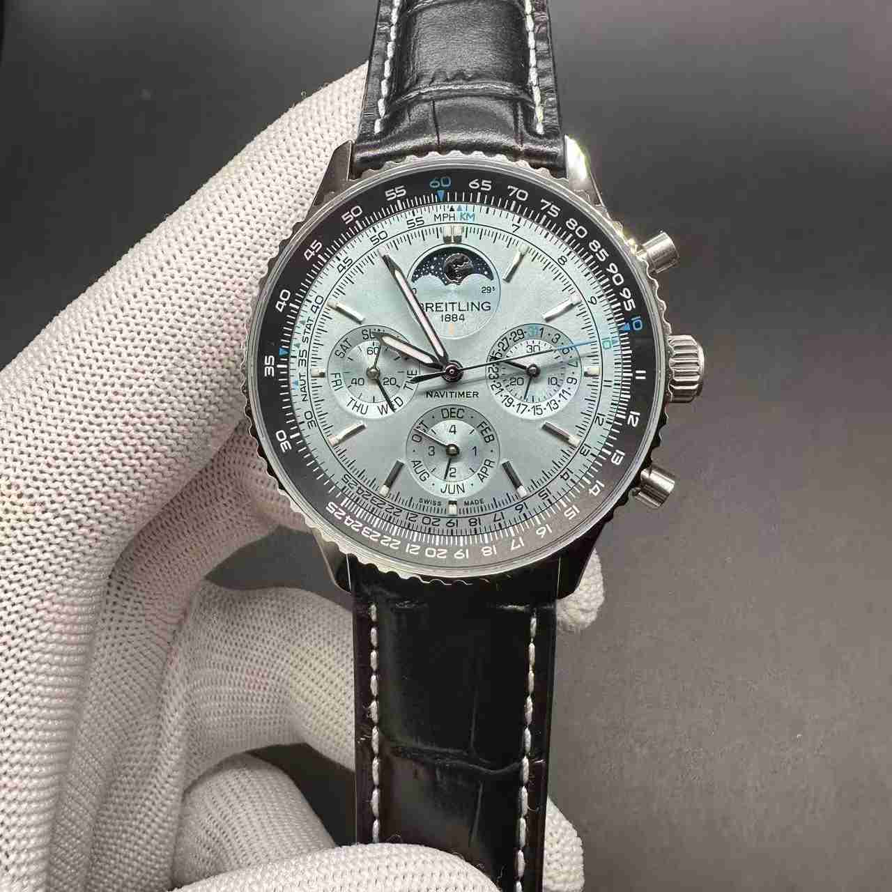 Breitling 1884 Navitimer Chronograph 7750 automatic light blue dial black leather. 360$