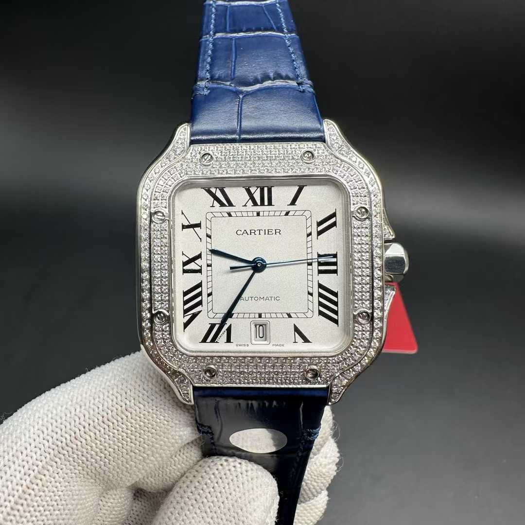 Cartier Santos THB 9015 automatic Diamonds silver case 38.5mn White dial Blue leather strap. 320$
