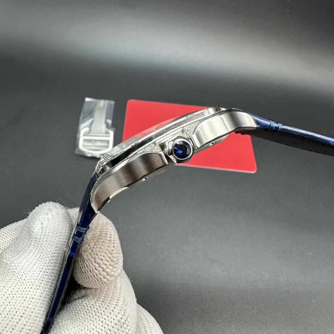 Cartier Santos THB 9015 automatic Diamonds silver case 38.5mn White dial Blue leather strap. 320$