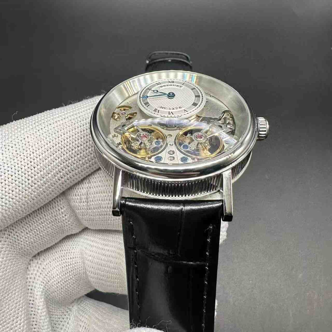 Breguet double Tourbillon steel case 41mm skeleton dial black leather. 150$