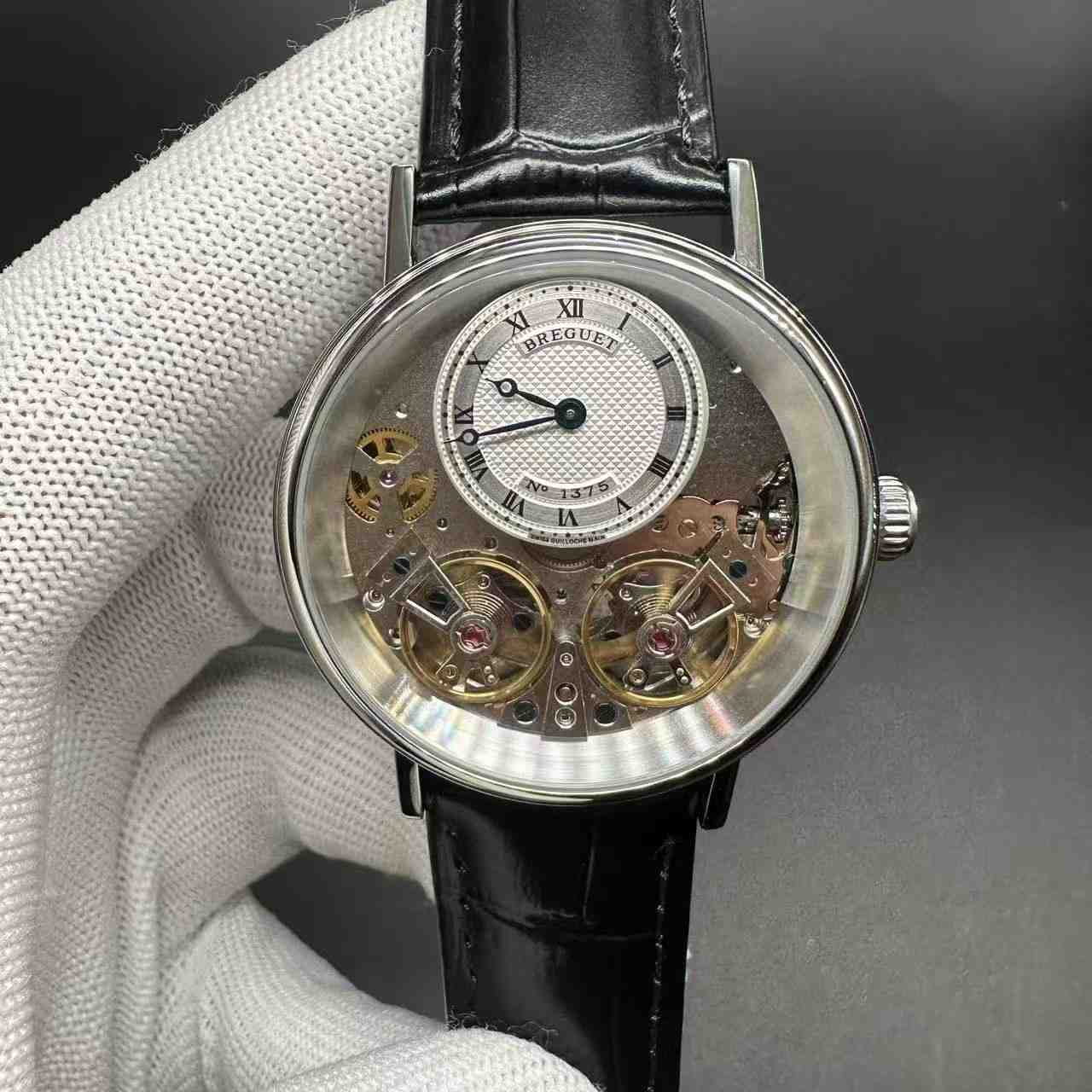 Breguet double Tourbillon steel case 41mm skeleton dial black leather. 150$