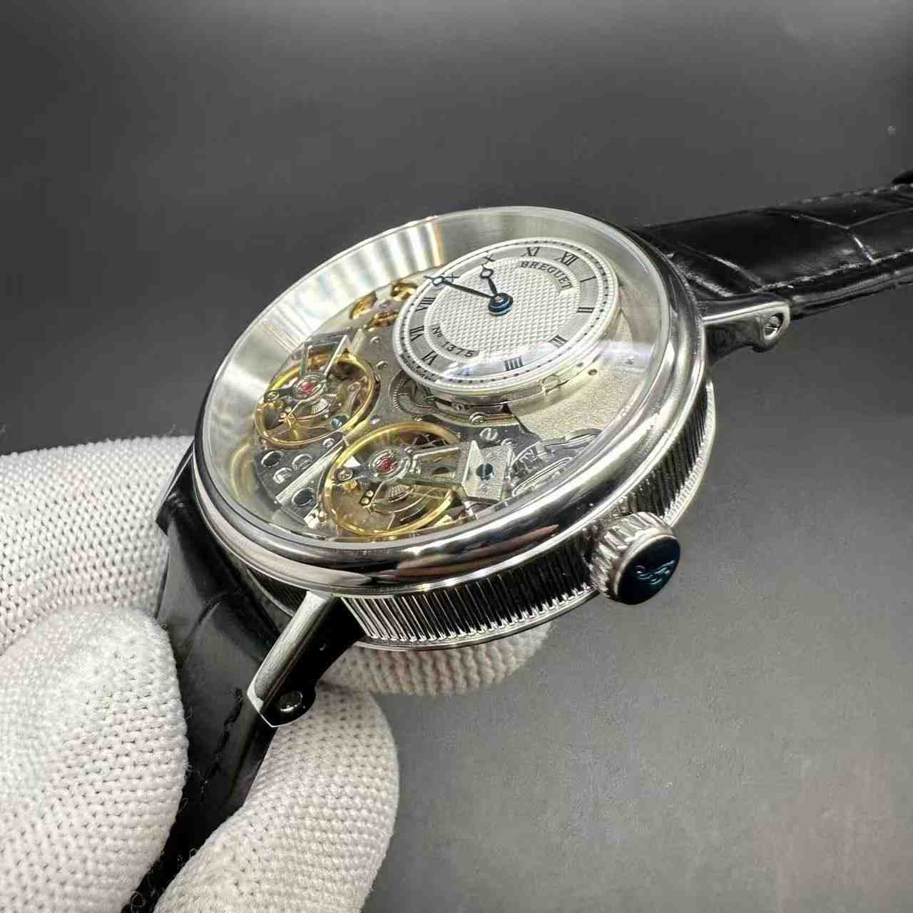 Breguet double Tourbillon steel case 41mm skeleton dial black leather. 150$