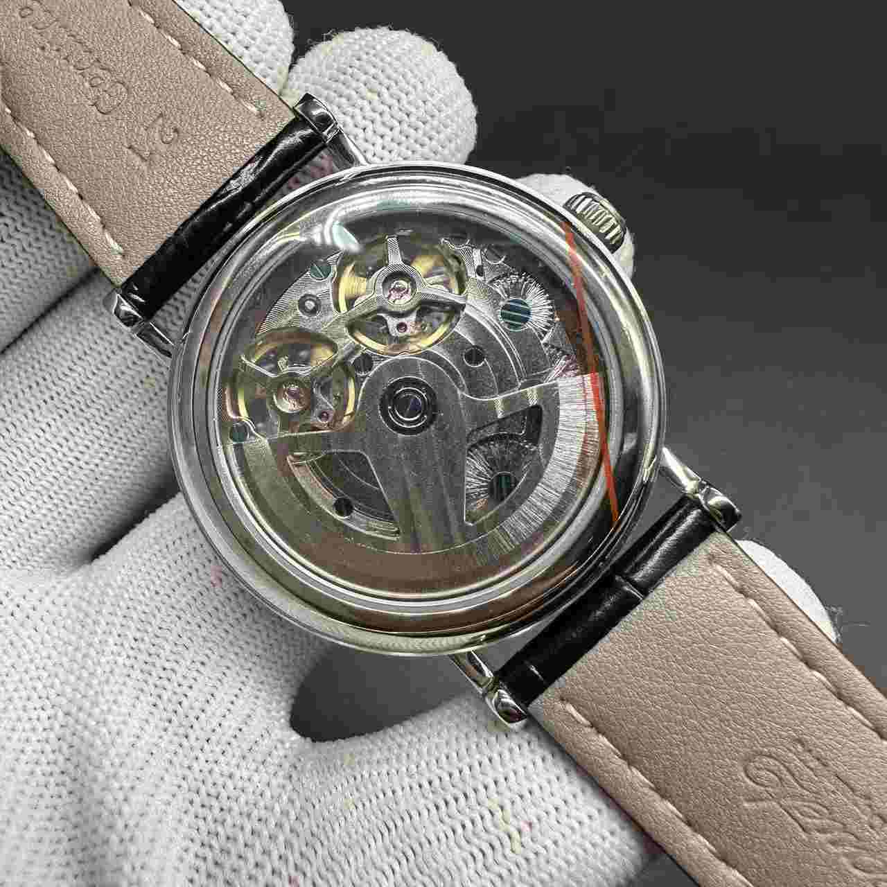 Breguet double Tourbillon steel case 41mm skeleton dial black leather. 150$