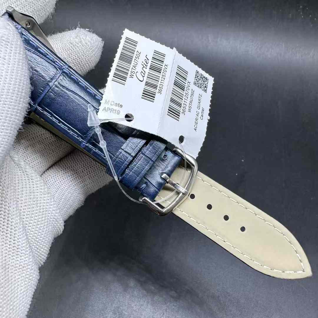 Santos Dumont high grade quartz movement Steel case 34mm White dial Blue leather strap 125$