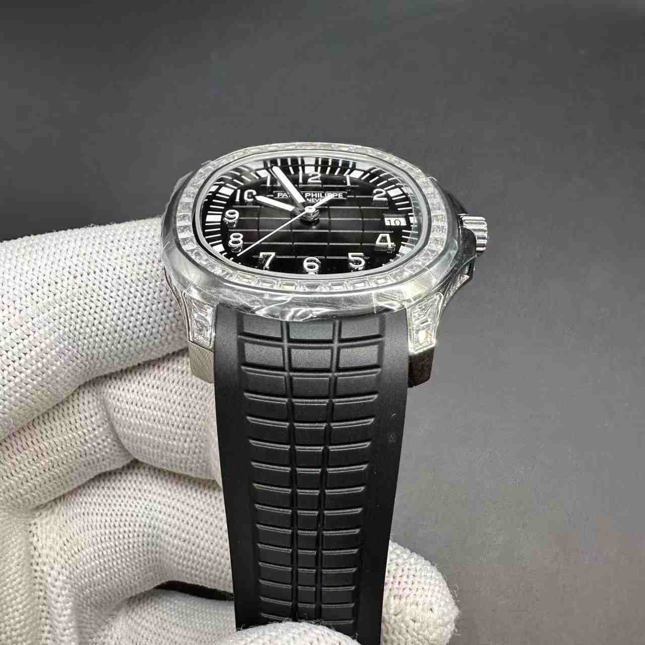 Patek Philippe 5167 super clone automatic Cal.324 baguette diamonds bezel silver thin case 40mm black dial black rubber strap. 450$