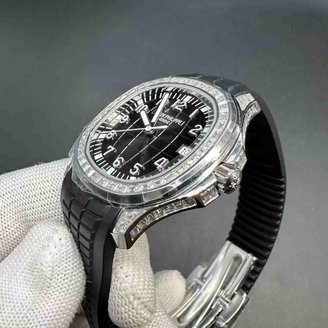 Patek Philippe 5167 super clone automatic Cal.324 baguette diamonds bezel silver thin case 40mm black dial black rubber strap. 450$