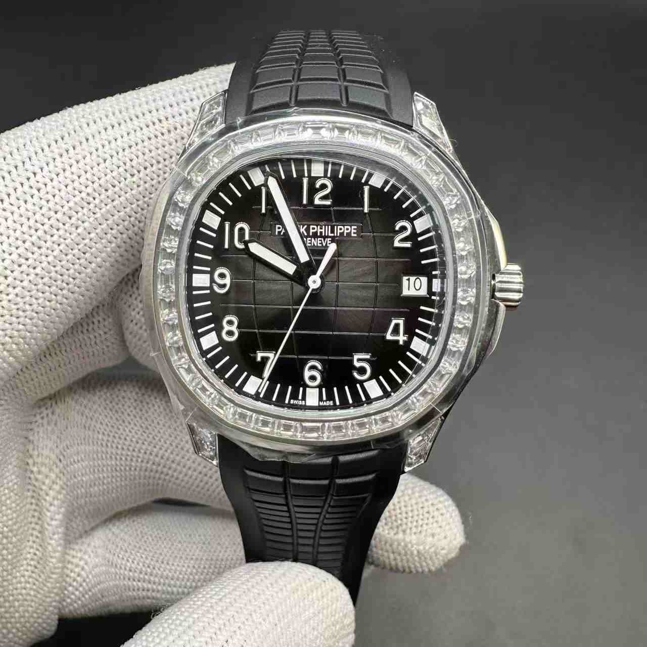 Patek Philippe 5167 super clone automatic Cal.324 baguette diamonds bezel silver thin case 40mm black dial black rubber strap. 450$