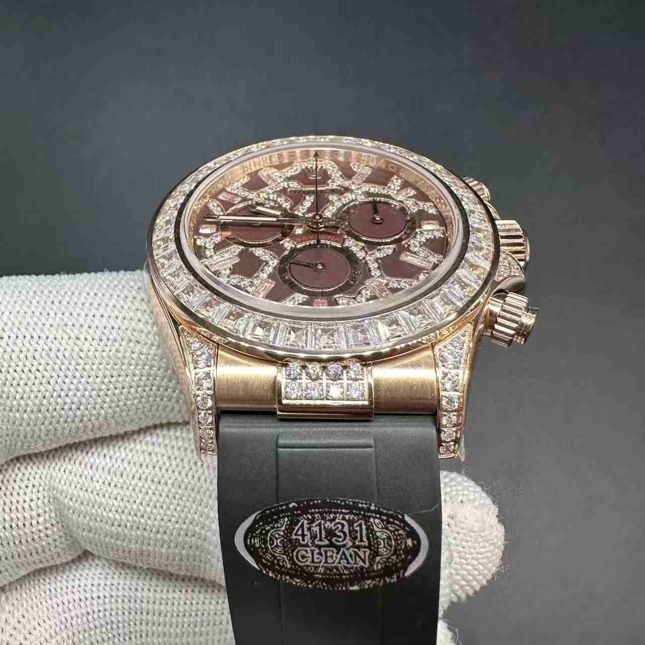 Daytona eyes of tiger super clone baguette diamonds rose gold case with black rubber. 450$