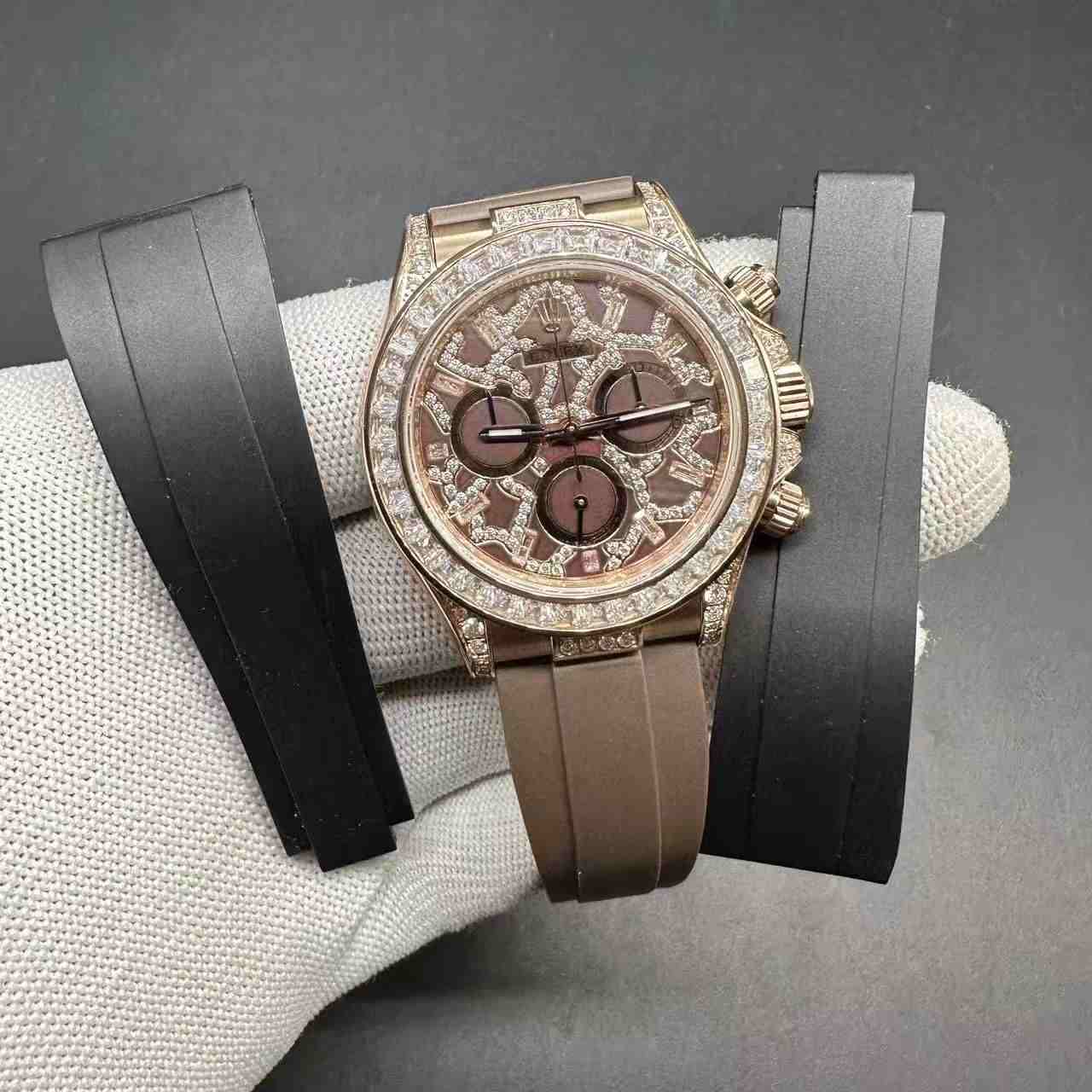 Daytona eyes of tiger super clone baguette diamonds rose gold case with black rubber. 450$