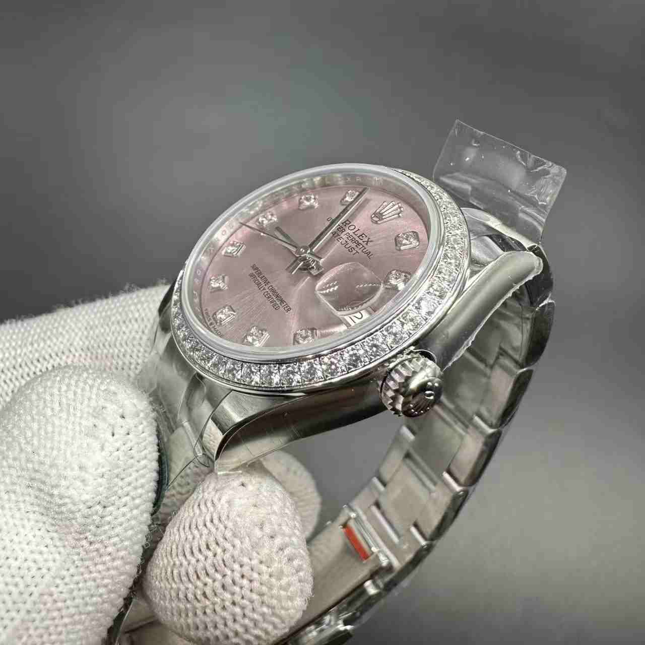 Datejust ARF 2236 automatic steel case 31mm diamonds bezel pink dial oyster band women watch. 380$