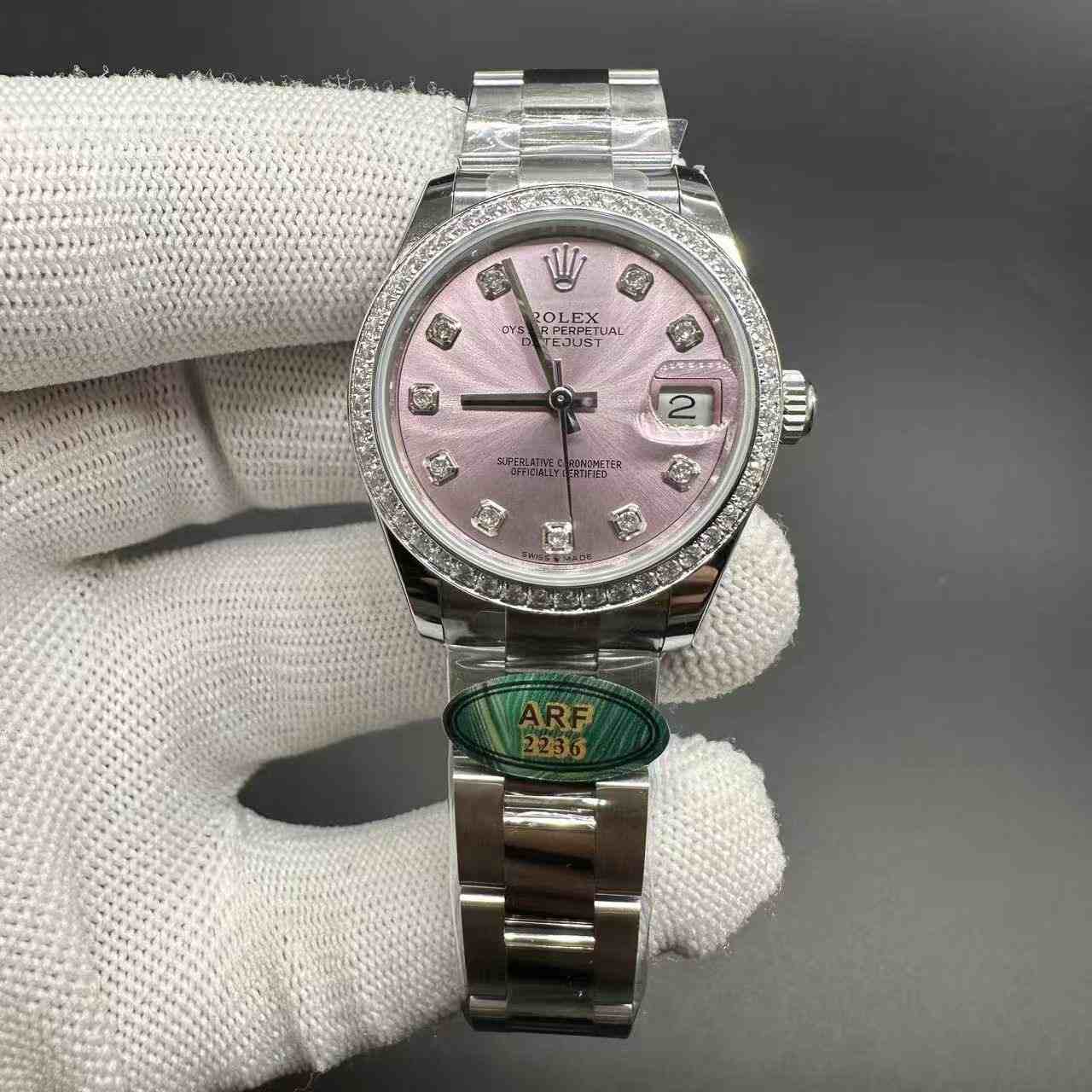 Datejust ARF 2236 automatic steel case 31mm diamonds bezel pink dial oyster band women watch. 380$