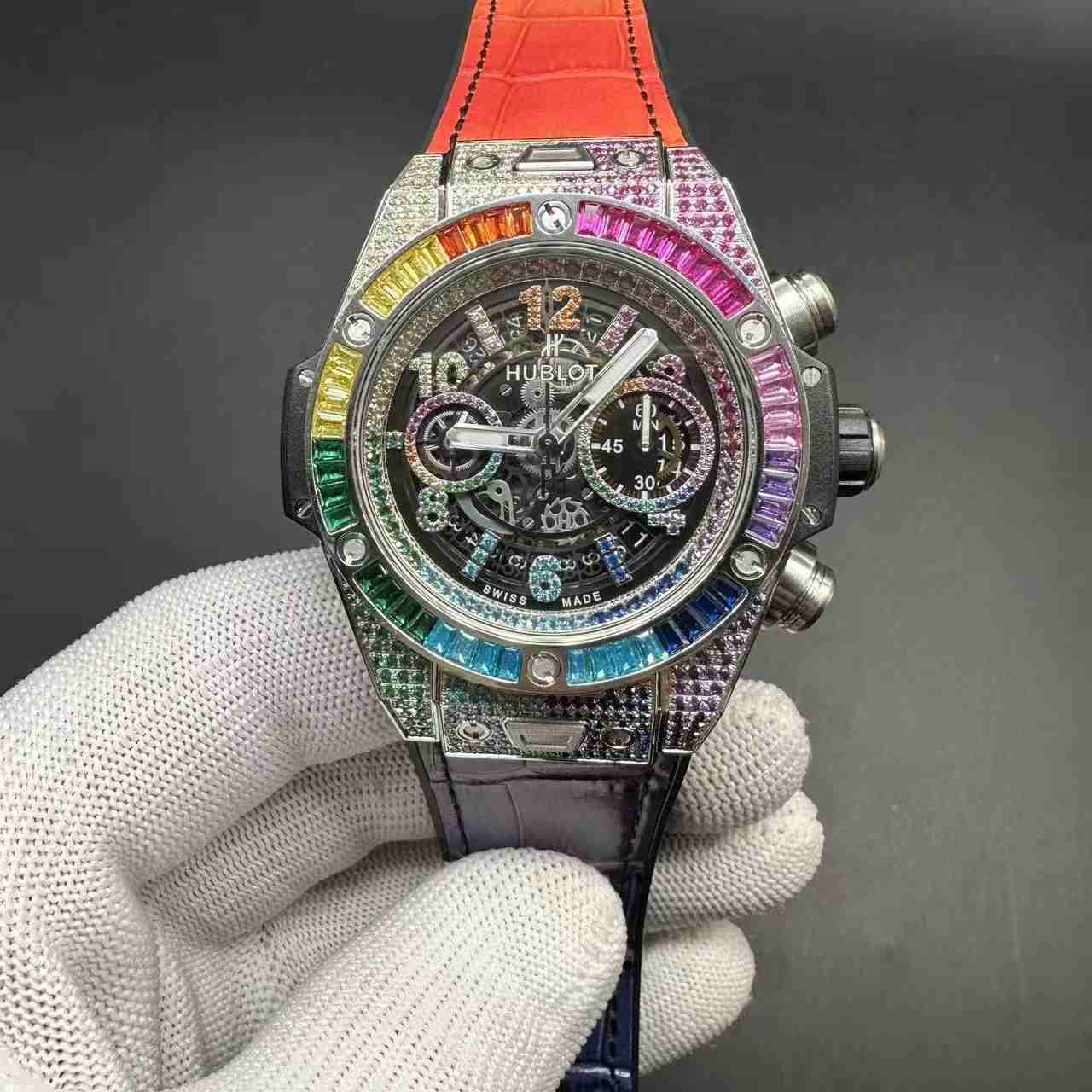 Hublot super clone 7750 automatic diamonds silver case rainbow baguette bezel. 380$