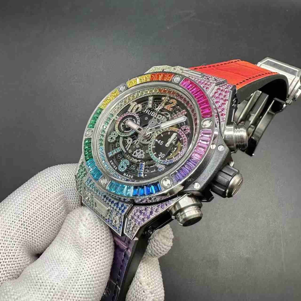 Hublot super clone 7750 automatic diamonds silver case rainbow baguette bezel. 380$