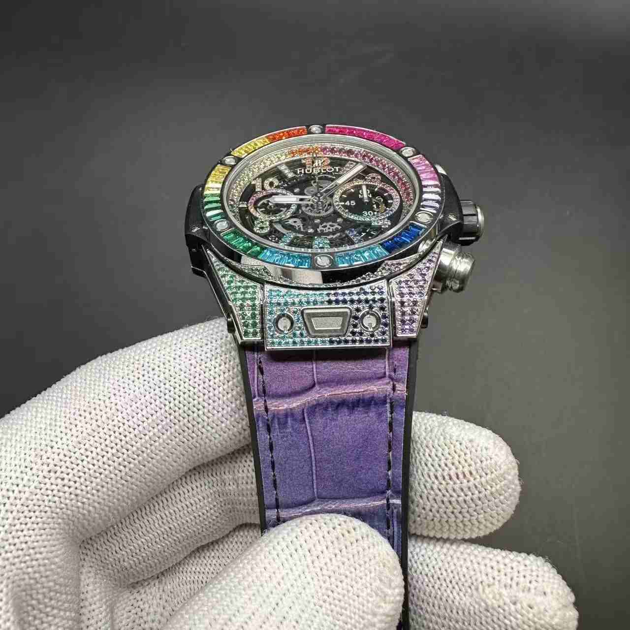 Hublot super clone 7750 automatic diamonds silver case rainbow baguette bezel. 380$