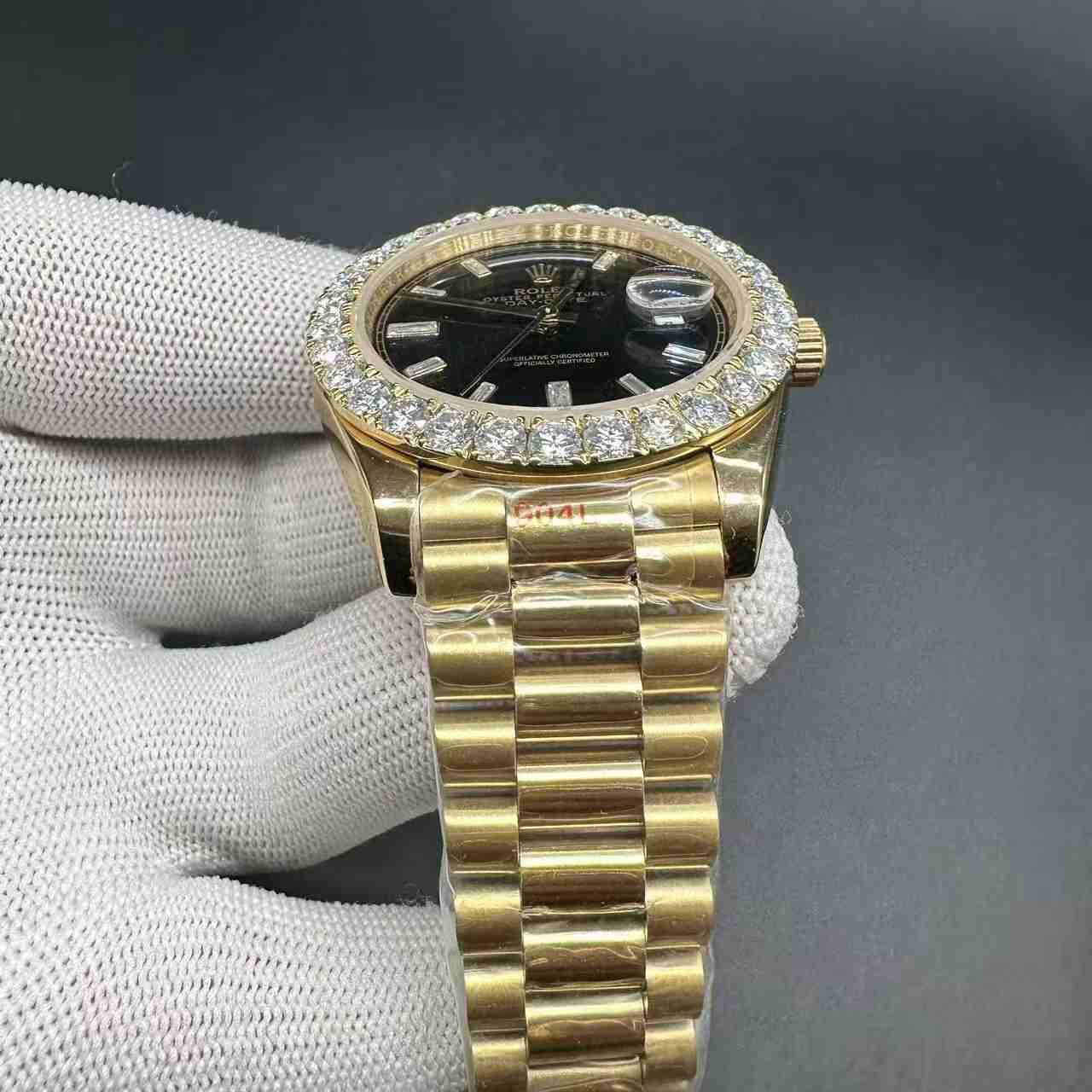 Daydate 40mm AAA+ GD factory gold case baguette black dial Moissanite diamonds bezel president band. F048+L065 300$