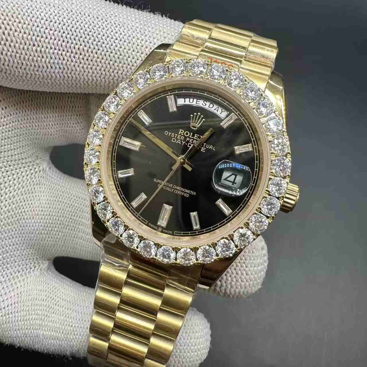 Daydate 40mm AAA+ GD factory gold case baguette black dial Moissanite diamonds bezel president band. F048+L065 300$