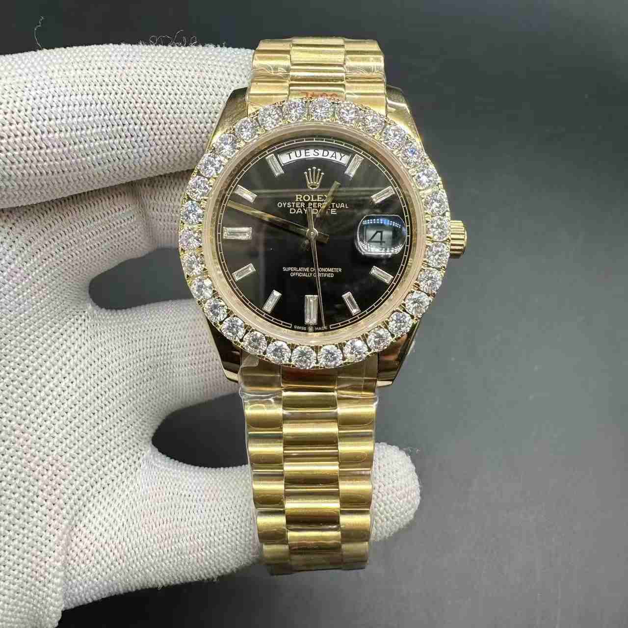 Daydate 40mm AAA+ GD factory gold case baguette black dial Moissanite diamonds bezel president band. F048+L065 300$