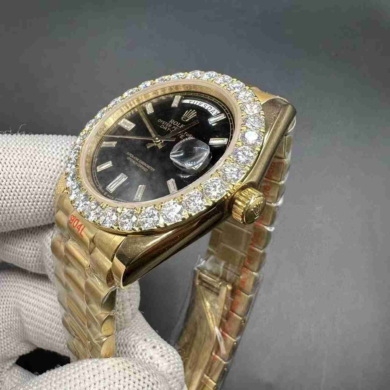 Daydate 40mm AAA+ GD factory gold case baguette black dial Moissanite diamonds bezel president band. F048+L065 300$