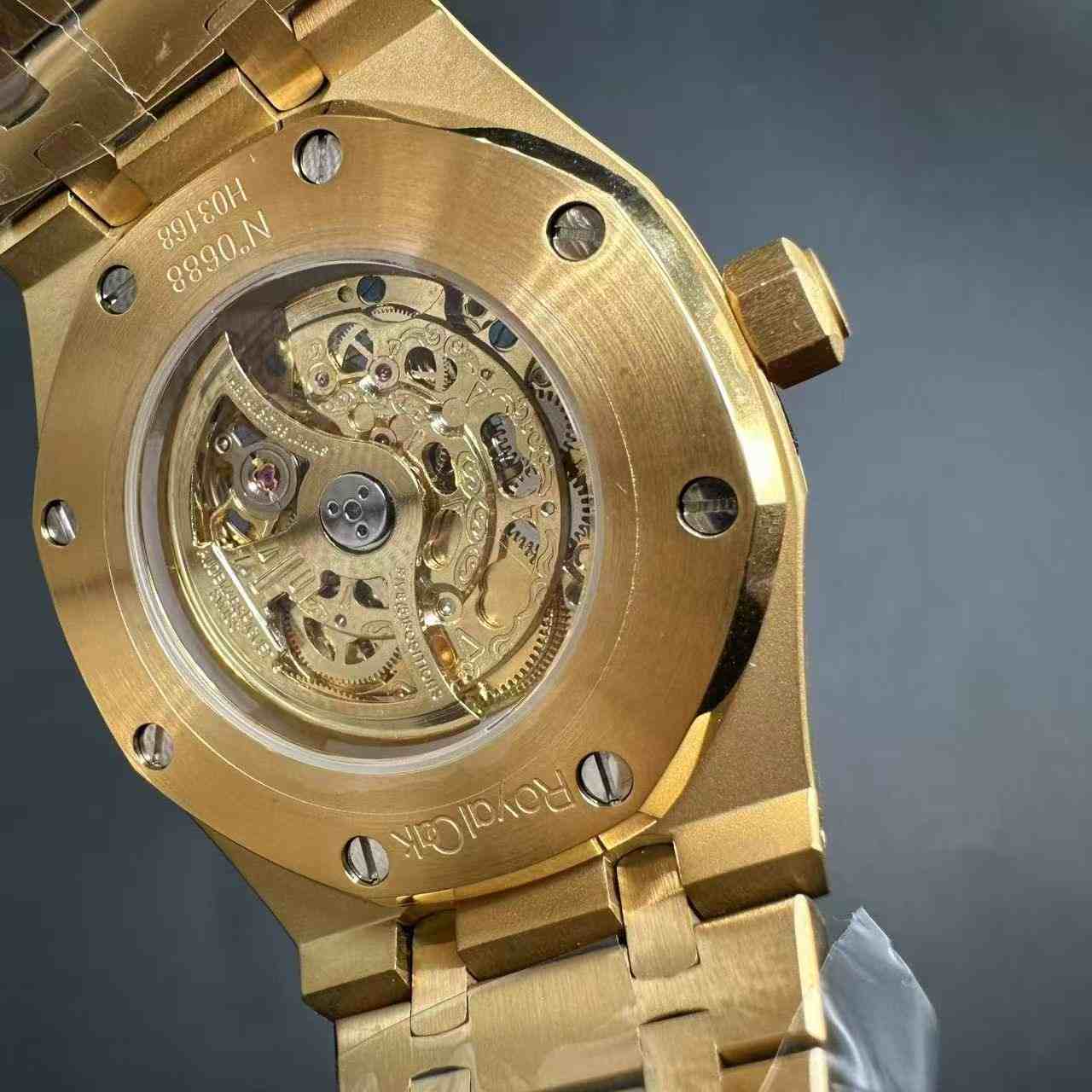 AP Royal Oak AAA+ automatic Frosted yellow gold case 42mm Skeleton dial Baguette diamonds rainbow bezel.  150$