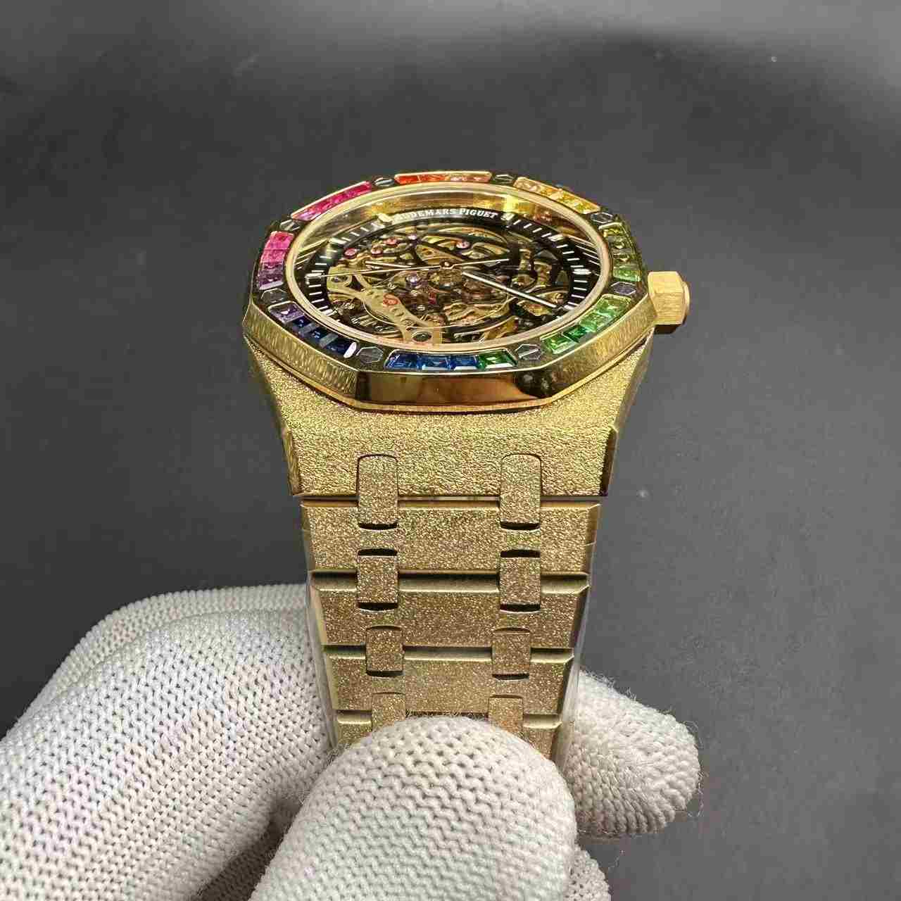 AP Royal Oak AAA+ automatic Frosted yellow gold case 42mm Skeleton dial Baguette diamonds rainbow bezel.  150$