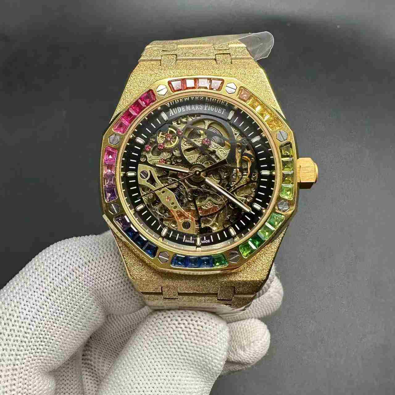 AP Royal Oak AAA+ automatic Frosted yellow gold case 42mm Skeleton dial Baguette diamonds rainbow bezel.  150$