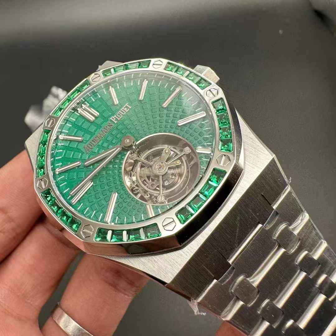 AP Royal Oak Tapisserie 26530ST.OO.1220ST.01 hands-winding Tourbillon movement Calibre2950 Steel case 41x12.5mm green baguette bezel green dial. 750$