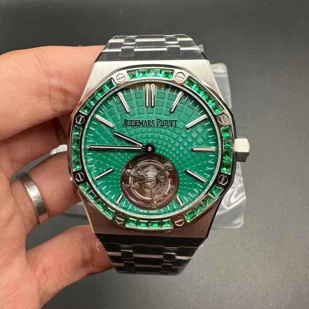 AP Royal Oak Tapisserie 26530ST.OO.1220ST.01 hands-winding Tourbillon movement Calibre2950 Steel case 41x12.5mm green baguette bezel green dial. 750$