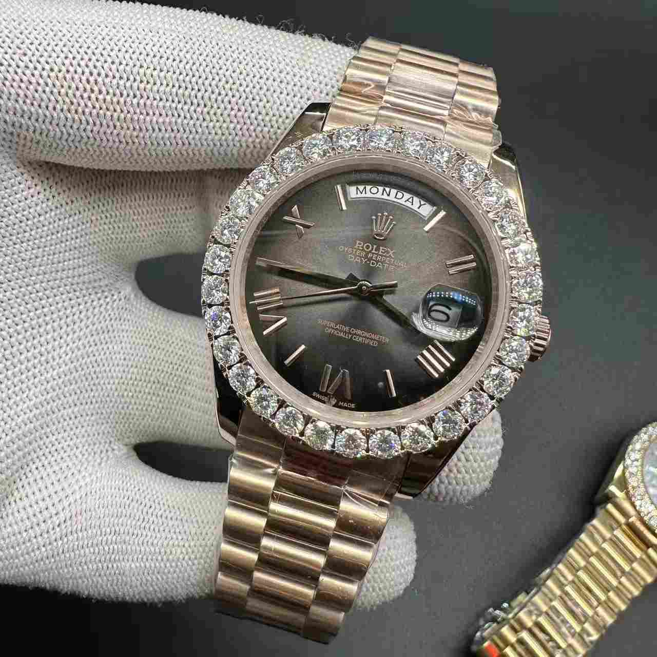 Daydate Moissanite diamonds bezel 40mm AAA+ GD factory rose gold case gray dial  president band. F048+L065 300$