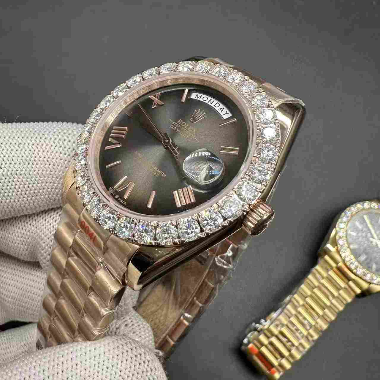 Daydate Moissanite diamonds bezel 40mm AAA+ GD factory rose gold case gray dial  president band. F048+L065 300$