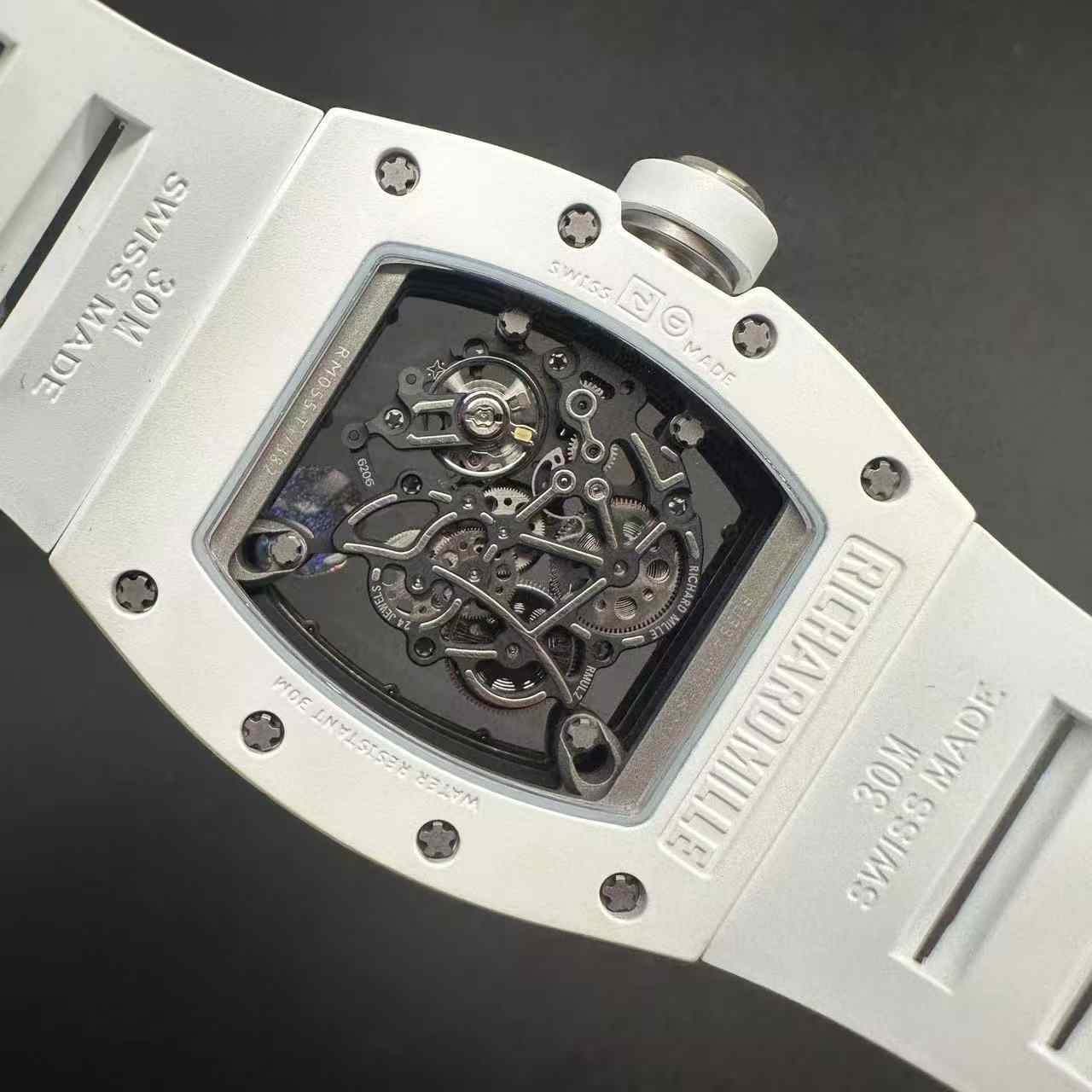 Richard Mille RM055 APS Manual Tourbillon movement White ceramic case Skeleton dial White rubber.  650$