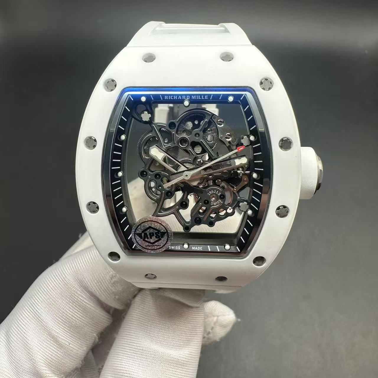 Richard Mille RM055 APS Manual Tourbillon movement White ceramic case Skeleton dial White rubber.  650$