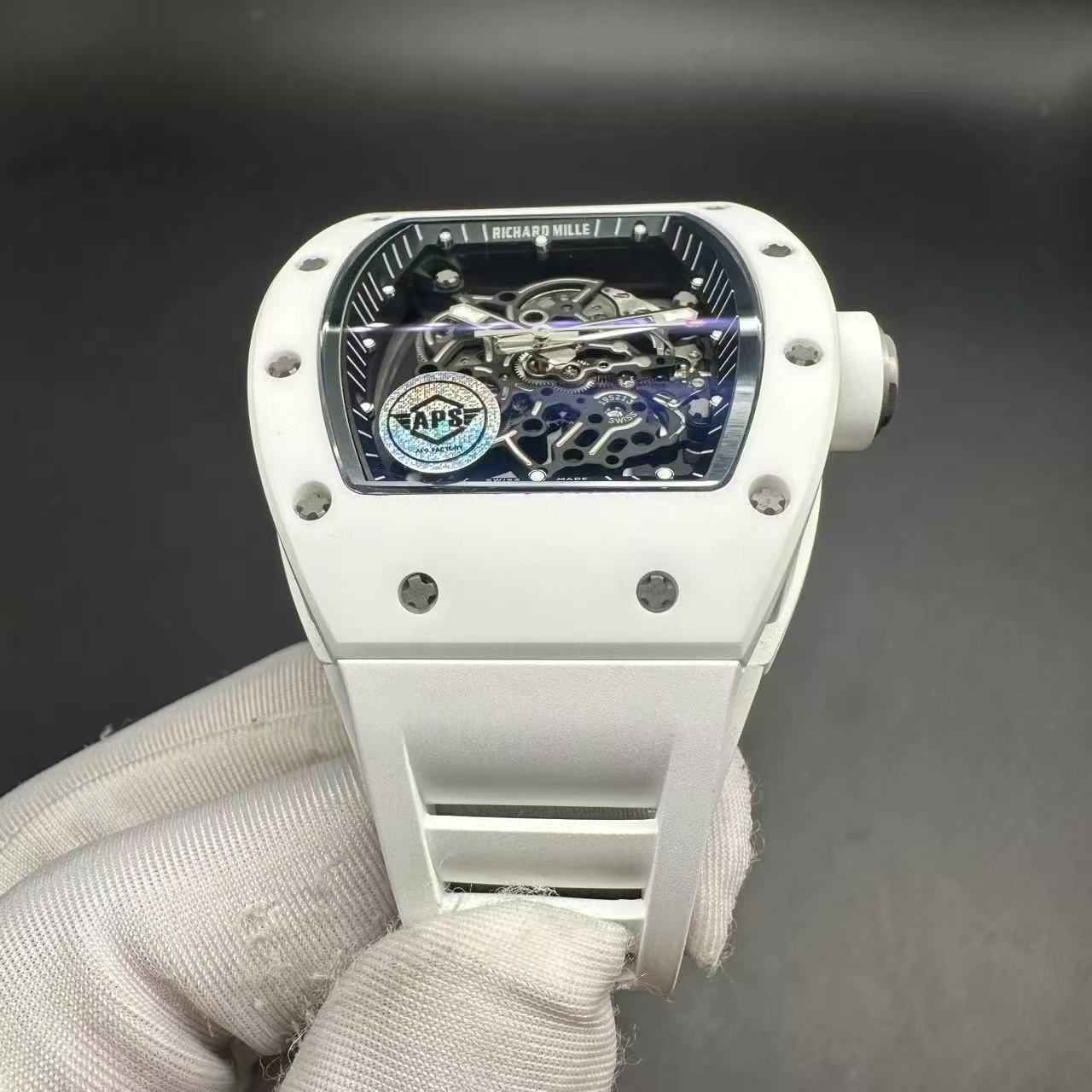 Richard Mille RM055 APS Manual Tourbillon movement White ceramic case Skeleton dial White rubber.  650$