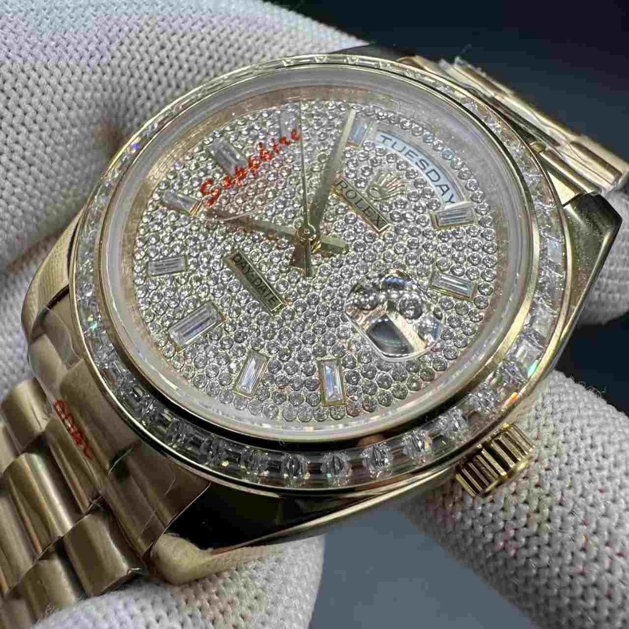 Daydate AAA gold case 40mm baguette bezel diamonds dial President band. 125$