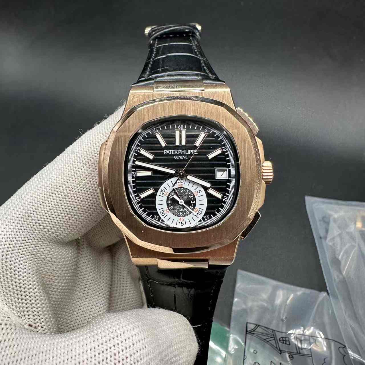 Patek Philippe AAA automatic rose gold case 40mm black dial black leather strap. 115$