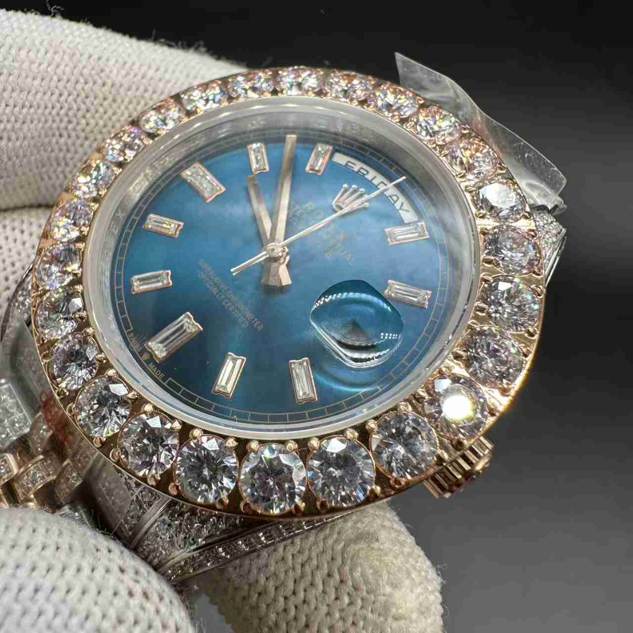 Daydate AAA diamonds CZ 2tone rose gold case 43mm prongset bezel blue baguette dial jubilee band 300$