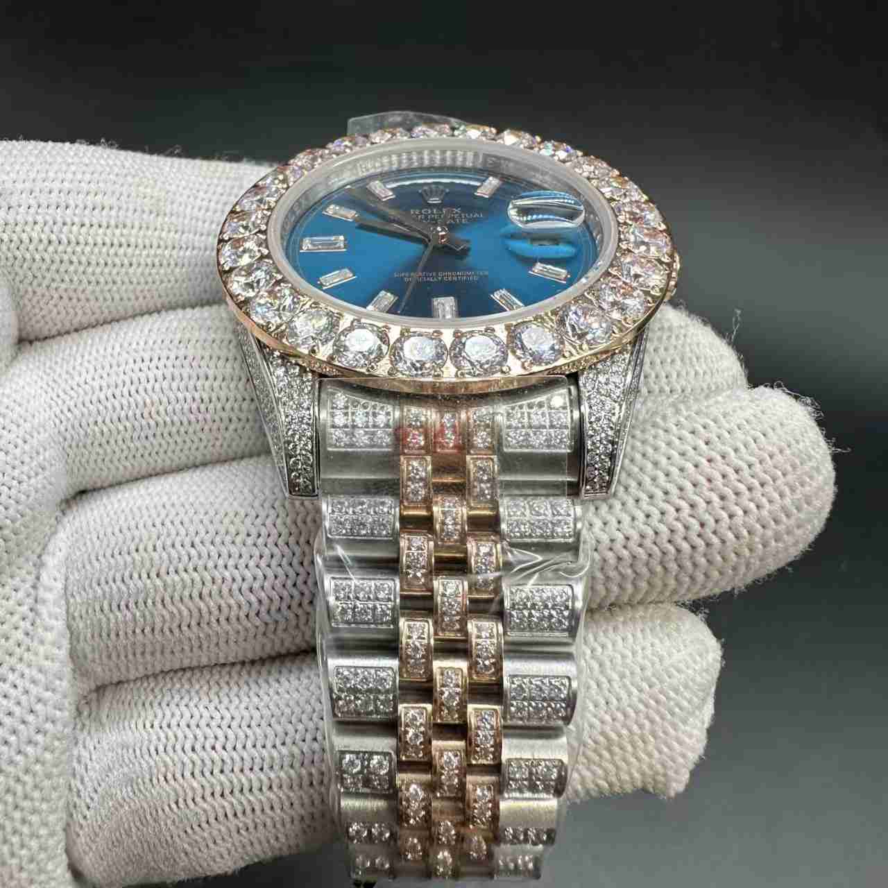 Daydate AAA diamonds CZ 2tone rose gold case 43mm prongset bezel blue baguette dial jubilee band 300$