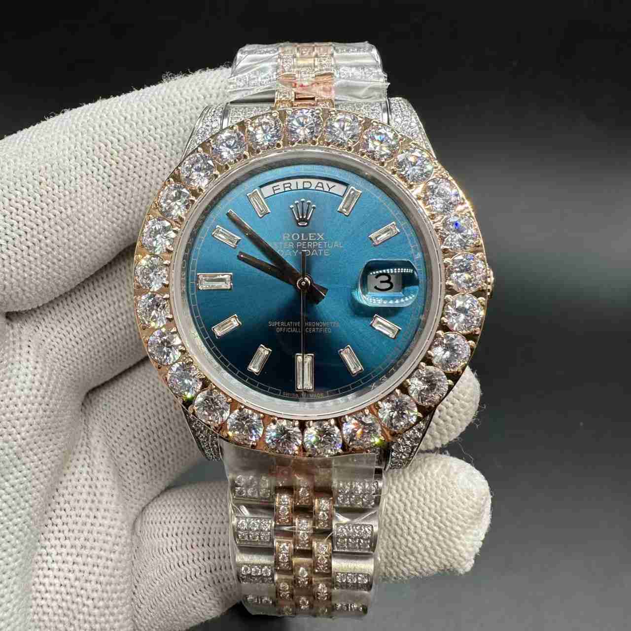 Daydate AAA diamonds CZ 2tone rose gold case 43mm prongset bezel blue baguette dial jubilee band 300$