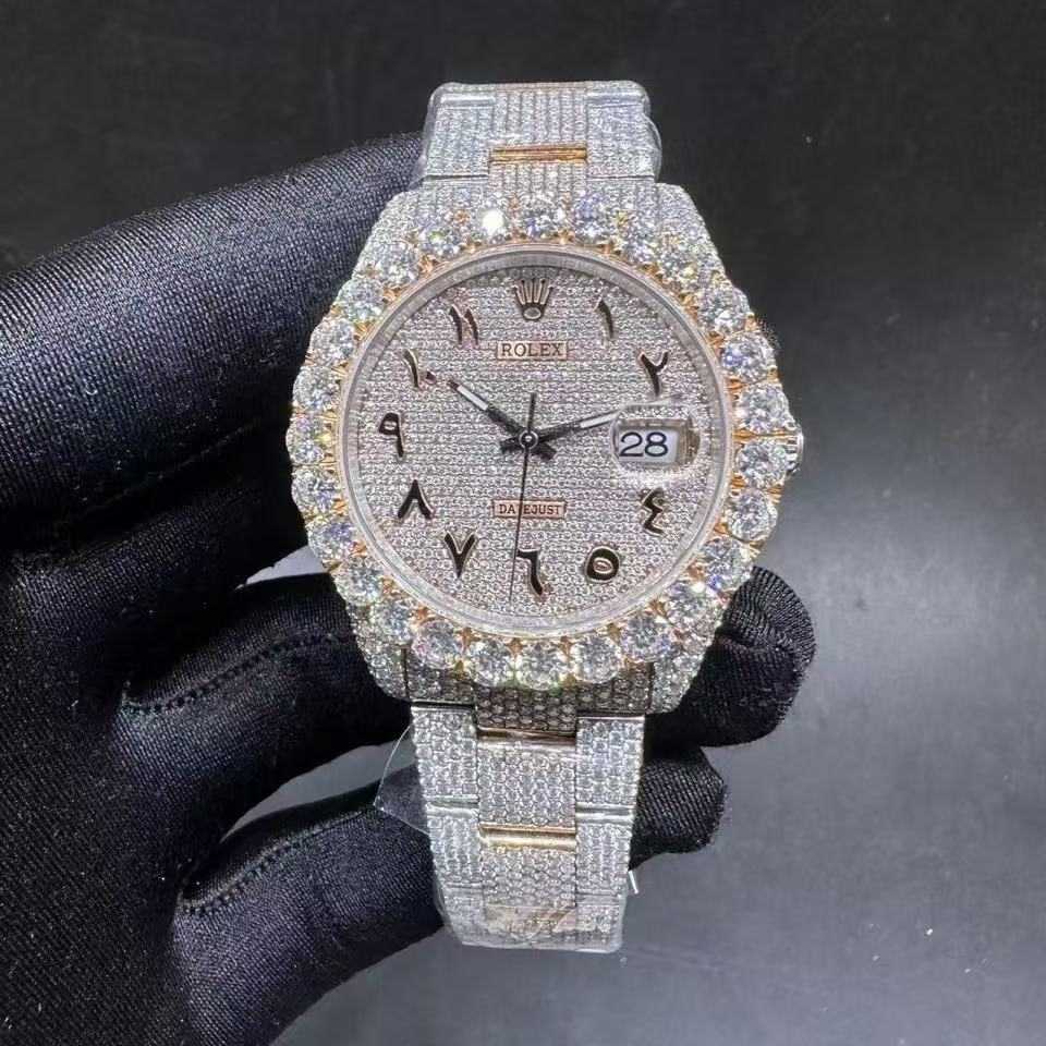 Rolex Datejust Moissanite Bustdown diamonds 2tone rose gold case 41mm Arabic diamonds dial big stones bezel oyster bracelet  3500$