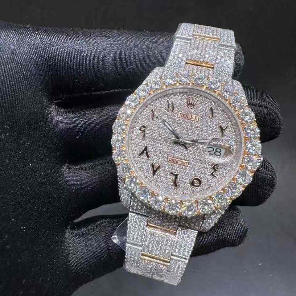Rolex Datejust Moissanite Bustdown diamonds 2tone rose gold case 41mm Arabic diamonds dial big stones bezel oyster bracelet  3500$