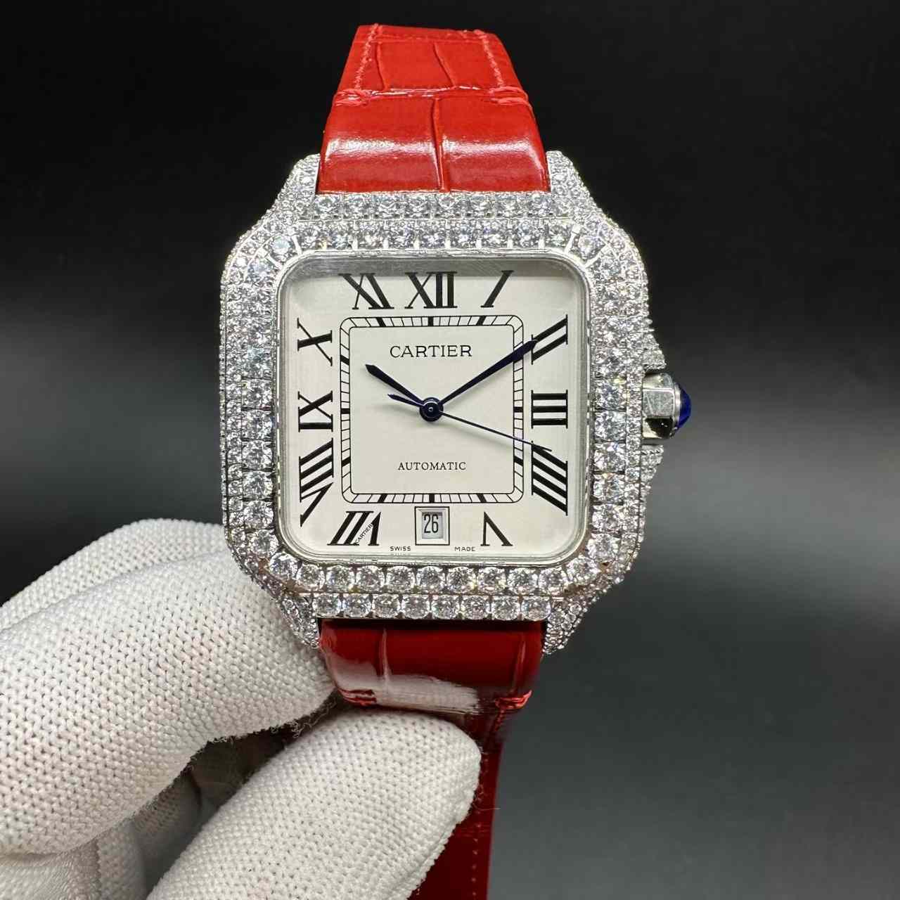 Santos Swiss automatic 9015 Swarovski diamonds case white dial red leather strap 385$