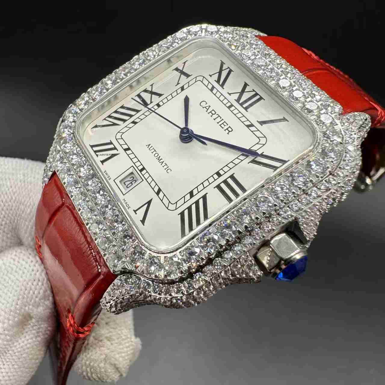 Santos Swiss automatic 9015 Swarovski diamonds case white dial red leather strap 385$