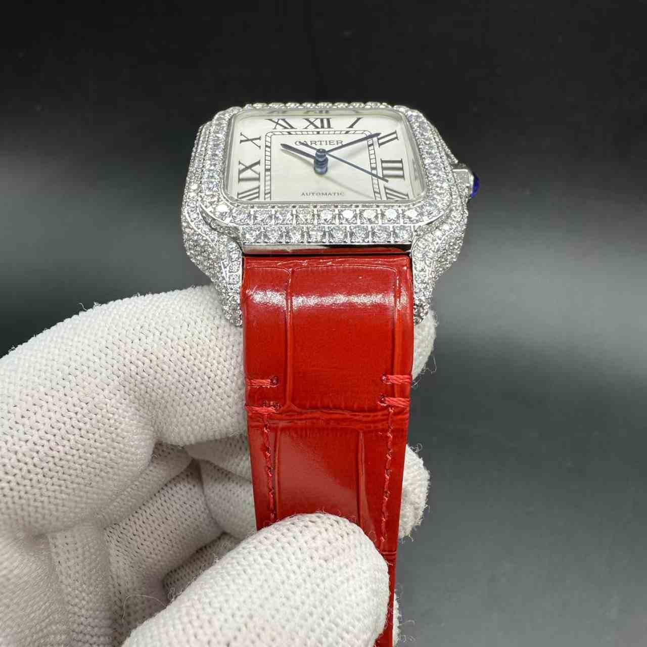 Santos Swiss automatic 9015 Swarovski diamonds case white dial red leather strap 385$