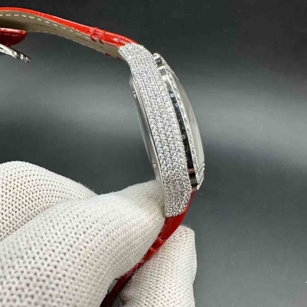Santos Swiss automatic 9015 Swarovski diamonds case white dial red leather strap 385$