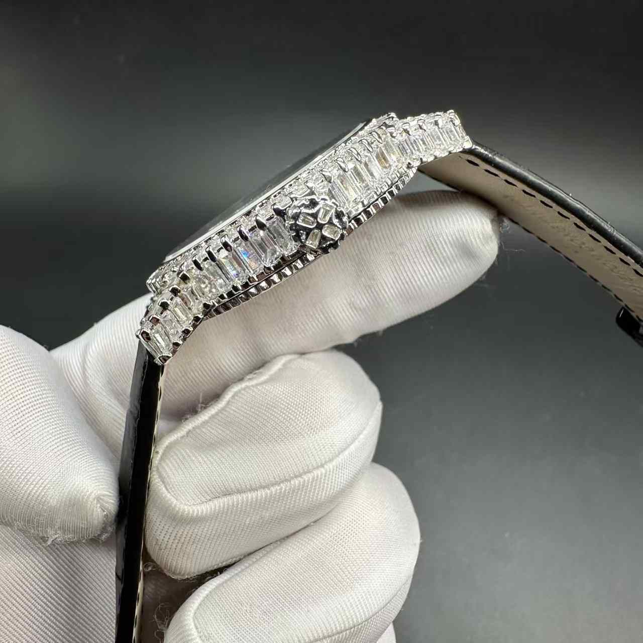 VC Swiss automatic movement 9015 diamonds baguette silver case 40mm Black leather strap. 390$