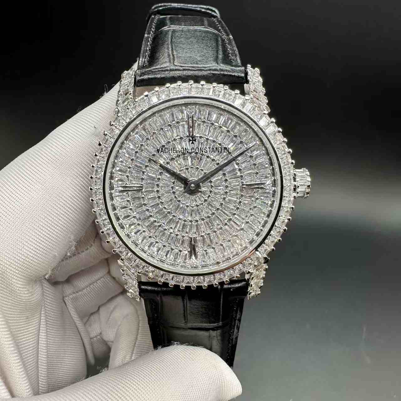 VC Swiss automatic movement 9015 diamonds baguette silver case 40mm Black leather strap. 390$