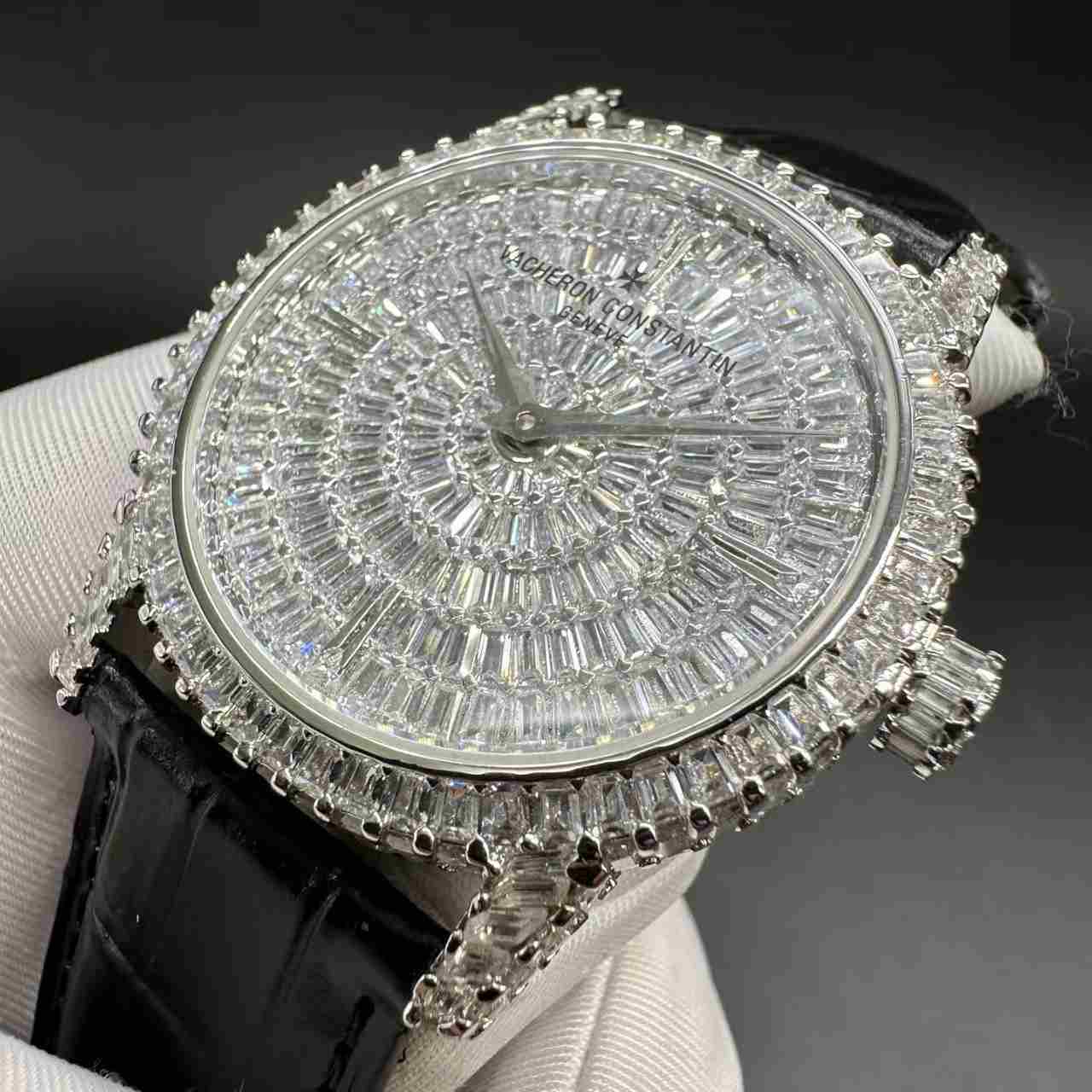 VC Swiss automatic movement 9015 diamonds baguette silver case 40mm Black leather strap. 390$