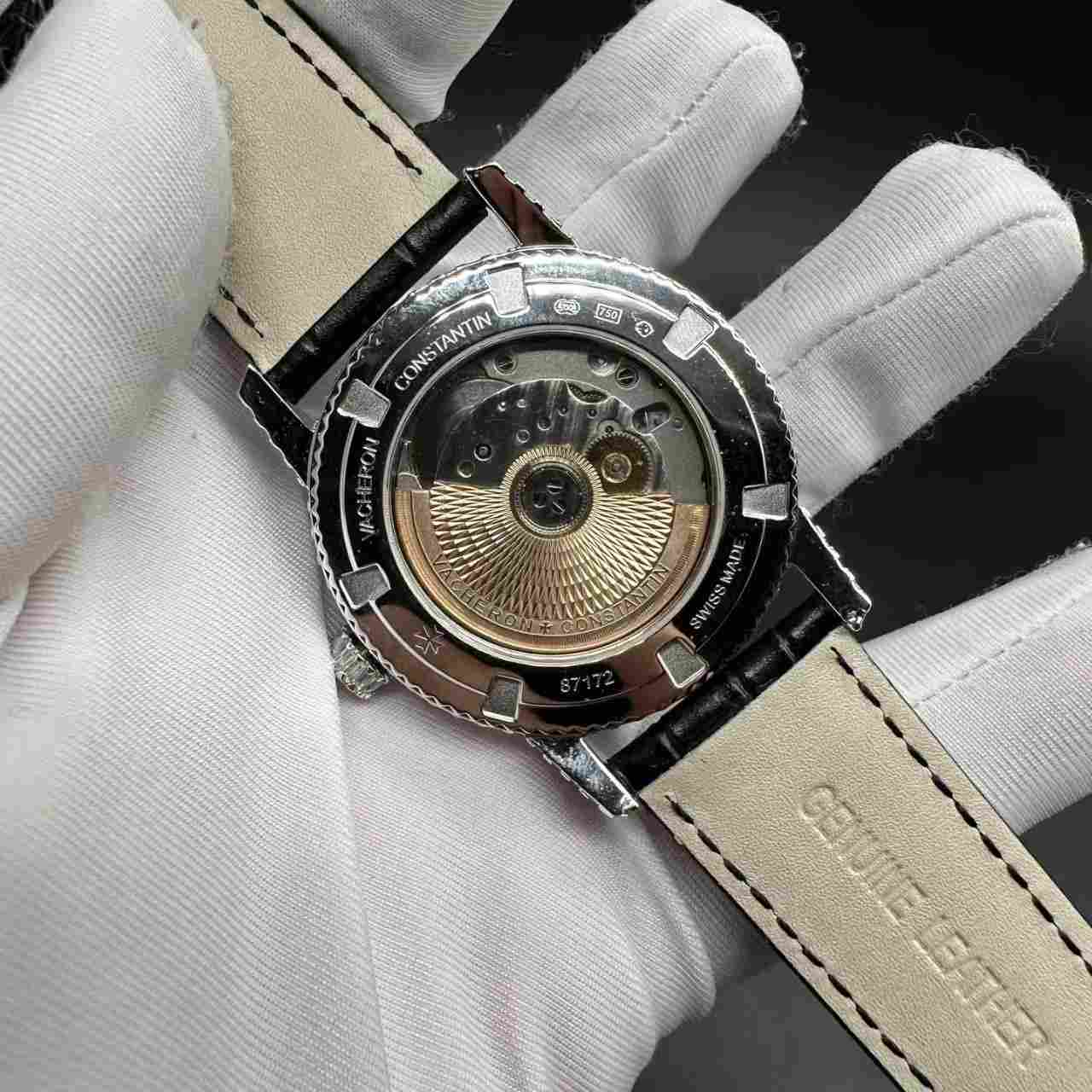 VC Swiss automatic movement 9015 diamonds baguette silver case 40mm Black leather strap. 390$