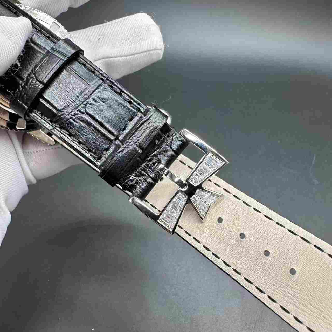 VC Swiss automatic movement 9015 diamonds baguette silver case 40mm Black leather strap. 390$